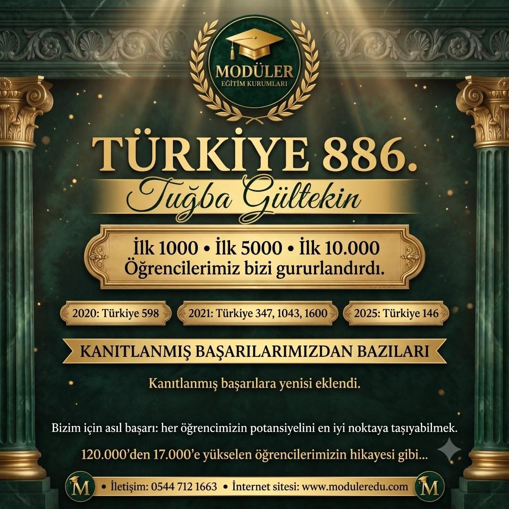 2026 YKS Türkiye 886. Tuğba Gültekin — Modüler Eğitim Kurumları kanıtlanmış başarılar